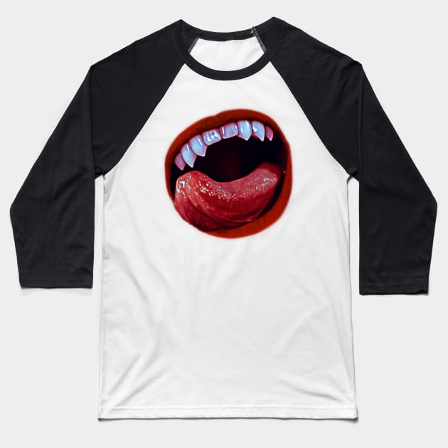 Vampire Snack Time | Fanged Vampire Lips Baseball T-Shirt by Vampyre Zen